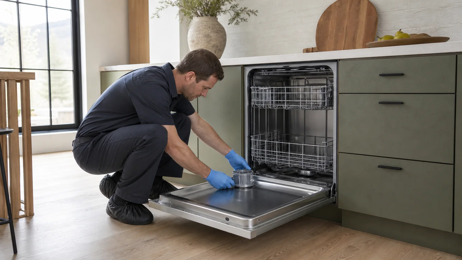 Panel-ready dishwasher prepared for a professional diagnostic visit